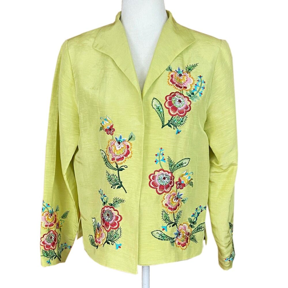Coldwater Creek Open Front Blazer Size S Green Linen Silk Embroidered Sequins
